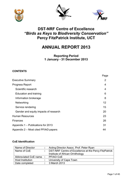 DST-NRF Centre of Excellence “Birds As Keys to Biodiversity Conservation” Percy Fitzpatrick Institute, UCT