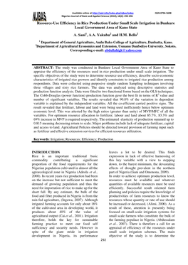 Resource-Use Efficiency in Rice Production Under Small Scale Irrigation in Bunkure Local Government Area of Kano State A