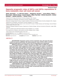 Opposite Prognostic Roles of Hif1a and Hif2a Expressions in Bone Metastatic Clear Cell Renal Cell Cancer