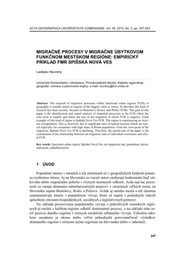 Migračné Procesy V Migračne Úbytkovom Funkčnom Mestskom Regióne: Empirický Príklad Fmr Spišská Nová Ves