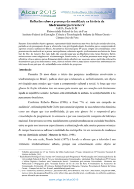 Reflexões Sobre a Presença Da Ruralidade Na História Da Teledramaturgia Brasileira1 FARIA, Paula B