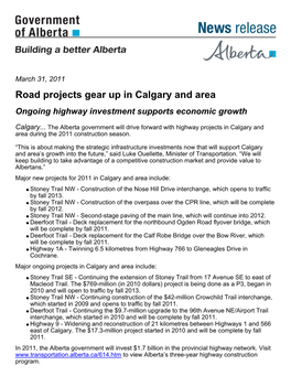 Road Projects Gear up in Calgary and Area Ongoing Highway Investment Supports Economic Growth