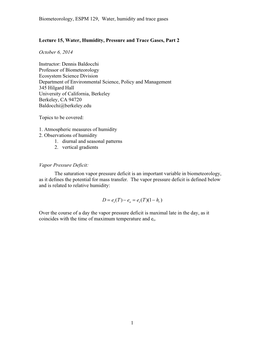 Biometeorology, ESPM 129, Water, Humidity and Trace Gases