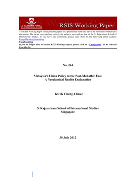 Malaysia's China Policy in the Post-Mahathir Era: a Neoclassical Realist Explanation