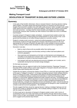 Devolution of Transport in England Outside London