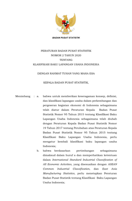 Peraturan Badan Pusat Statistik Nomor 2 Tahun 2020 Tentang Klasifikasi Baku Lapangan Usaha Indonesia