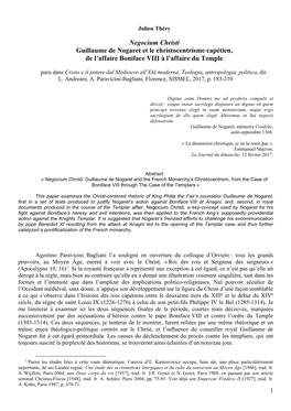 Negocium Christi Guillaume De Nogaret Et Le Christocentrisme Capétien, De L’Affaire Boniface VIII À L’Affaire Du Temple