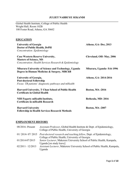 JULIET NABBUYE SEKANDI ______Global Health Institute, College of Public Health Wright Hall, Room 102B 100 Foster Road, Athens, GA 30602