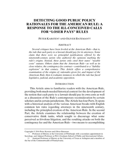 Detecting Good Public Policy Rationales for the American Rule: a Response to the Ill-Conceived Calls for “Loser Pays” Rules