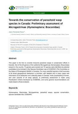 Towards the Conservation of Parasitoid Wasp Species in Canada: Preliminary Assessment of Microgastrinae (Hymenoptera: Braconidae)