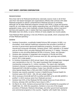 FACT SHEET: CENTENE CORPORATION General Context