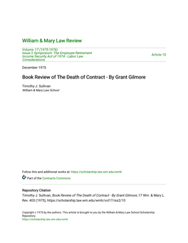 Book Review of the Death of Contract - by Grant Gilmore