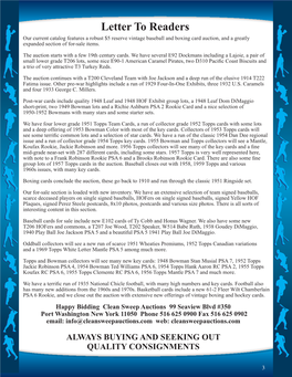 Letter to Readers Our Current Catalog Features a Robust $5 Reserve Vintage Baseball and Boxing Card Auction, and a Greatly Expanded Section of For-Sale Items