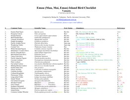 Emau (Mau, Mai, Emao) Island Bird Checklist Vanuatu 17 28 54.5S 168 29 19.3E