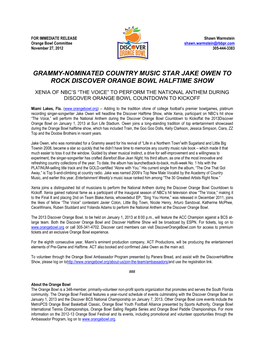 Grammy-Nominated Country Music Star Jake Owen to Rock Discover Orange Bowl Halftime Show