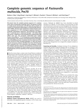 Complete Genomic Sequence of Pasteurella Multocida, Pm70