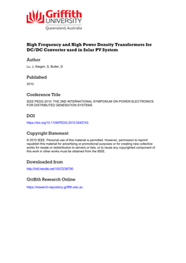 High Frequency and High Power Density Transformers for DC/DC Converter Used in Solar PV System