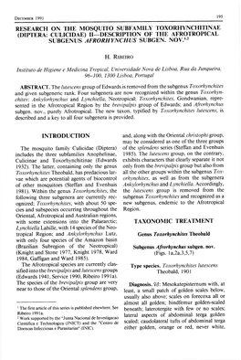 Research on the Mosquito Subfamily Toxorhynchitinae (Diptera: Culicidae) Ii-Description of the Afrotropical Subgenus Afrorhynchus Subgen