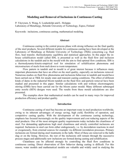 Modeling and Removal of Inclusions in Continuous Casting