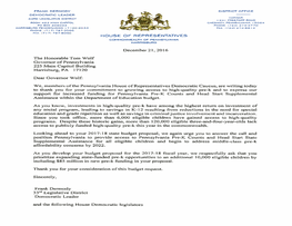 House Democratic Caucus Pre-K Letter to Governor Wolf