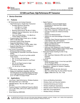 CC1200 Low-Power, High-Performance RF Transceiver