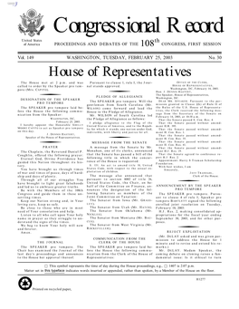 Congressional Record United States Th of America PROCEEDINGS and DEBATES of the 108 CONGRESS, FIRST SESSION