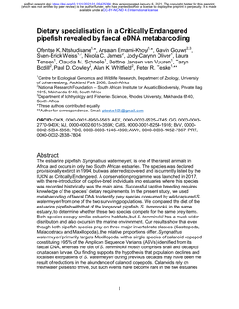 Dietary Specialisation in a Critically Endangered Pipefish Revealed by Faecal Edna Metabarcoding