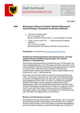 1888. Bewegung Im Museum Ostwall: Wiedereröffnung Mit Neuem Konzept / Kunstpreis Für Bastian Hoffmann