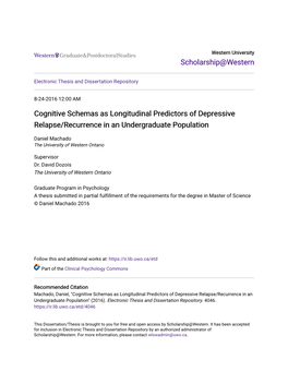 Cognitive Schemas As Longitudinal Predictors of Depressive Relapse/Recurrence in an Undergraduate Population