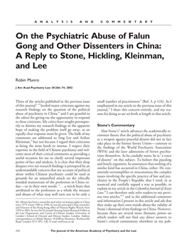 On the Psychiatric Abuse of Falun Gong and Other Dissenters in China: a Reply to Stone, Hickling, Kleinman, and Lee