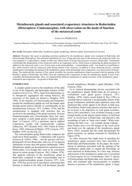 Metathoracic Glands and Associated Evaporatory Structures in Reduvioidea (Heteroptera: Cimicomorpha), with Observation on the Mode of Function of the Metacoxal Comb