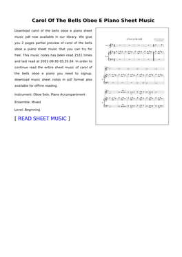 Carol of the Bells Oboe E Piano Sheet Music