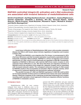 MAP4K4 Controlled Integrin Β1 Activation and C-Met Endocytosis Are Associated with Invasive Behavior of Medulloblastoma Cells