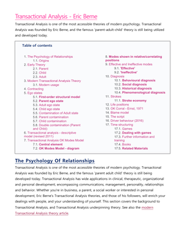 Transactional Analysis - Eric Berne Transactional Analysis Is One of the Most Accessible Theories of Modern Psychology