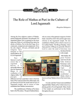 The Role of Mathas at Puri in the Culture of Lord Jagannath Bhagaban Mahapatra
