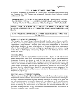 UNIPLY INDUSTRIES LIMITED (Originally Incorporated on September 4, 1996 As Uniply Industries Private Limited Under the Companies Act, 1956