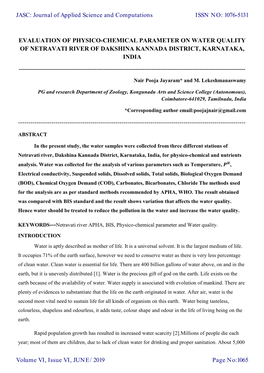 Evaluation of Physico-Chemical Parameter on Water Quality of Netravati River of Dakshina Kannada District, Karnataka, India