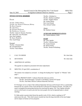 Synod Council of the Metropolitan New York Synod MINUTES June 10, 2003 Evangelical Lutheran Church in America Page 1