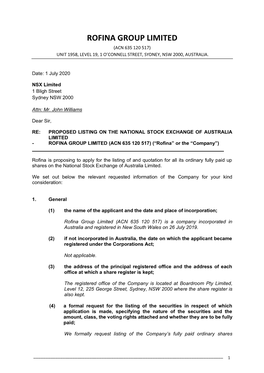 Rofina Group Limited (Acn 635 120 517) Unit 1958, Level 19, 1 O’Connell Street, Sydney, Nsw 2000, Australia