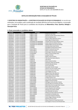 Edital De Convocação Para Avaliação De Títulos