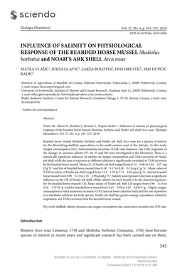 INFLUENCE of SALINITY on PHYSIOLOGICAL RESPONSE of the BEARDED HORSE MUSSEL Modiolus Barbatus and NOAH’S ARK SHELL Arca Noae