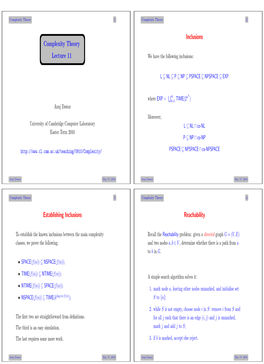 Complexity Theory Lecture 11 Inclusions Establishing Inclusions Reachability