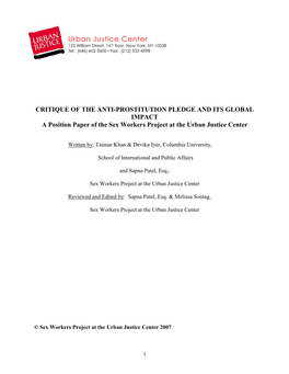 THE ANTI-PROSTITUTION PLEDGE and ITS GLOBAL IMPACT a Position Paper of the Sex Workers Project at the Urban Justice Center