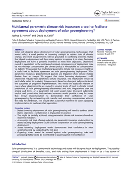 Multilateral Parametric Climate Risk Insurance: a Tool to Facilitate Agreement About Deployment of Solar Geoengineering? Joshua B