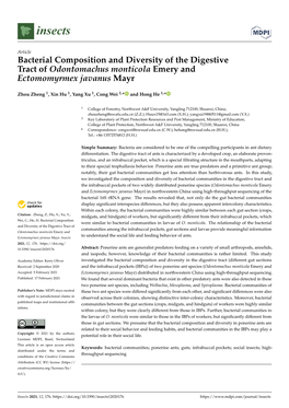 Bacterial Composition and Diversity of the Digestive Tract of Odontomachus Monticola Emery and Ectomomyrmex Javanus Mayr