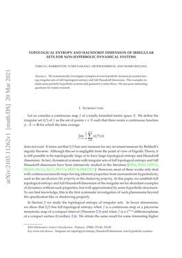 Arxiv:2103.11262V1 [Math.DS] 20 Mar 2021 Ieso.I at Yaia Ytm Ihirglrst O Sets Irregular Hausdor with Systems Dynamical Fact, in Dimension