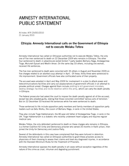 Amnesty International Calls on the Government of Ethiopia Not to Execute Melaku Tefera