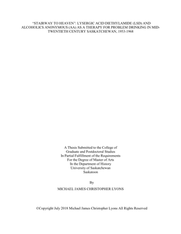 (Lsd) and Alcoholics Anonymous (Aa) As a Therapy for Problem Drinking in Mid- Twentieth Century Saskatchewan, 1953-1968