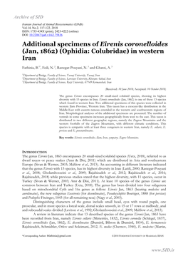 Additional Specimens of Eirenis Coronelloides (Jan, 1862) (Ophidia: Colubridae) in Western Iran