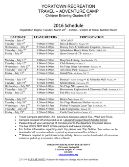 Town of Yorktown Travel/Adventure Camp Trip Outline 2016